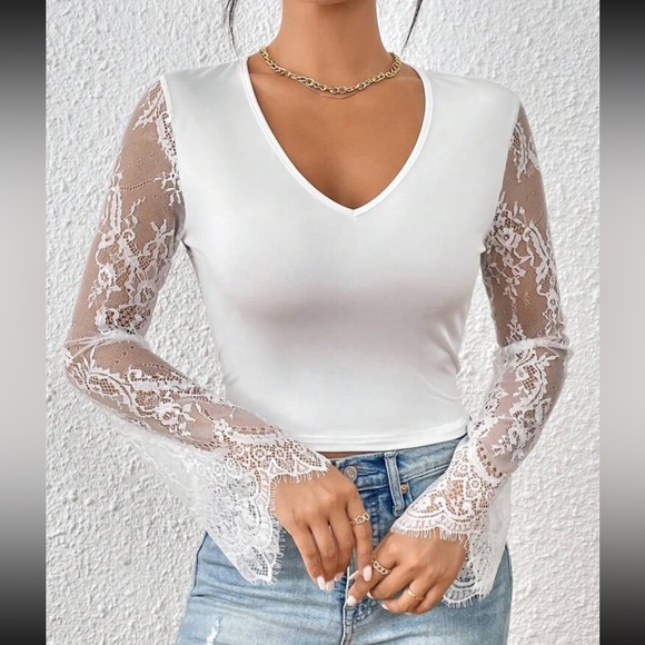 White Boho Sheer Mesh Lace Flare Sleeve Open Back Tie Cropped Top - Picture 3 of 6